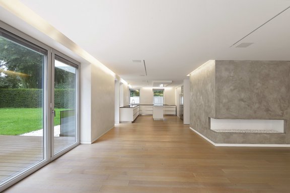 Living area with view into the kitchen