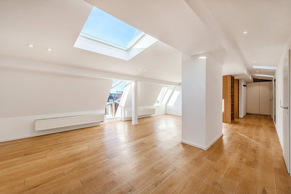 Living and dining area with skylight