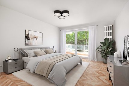 Visualized bedroom with balcony access