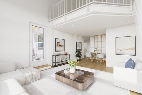 Exclusive attic apartment with gallery: spacious living area and south-facing windows, in need of renovation