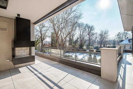 South terrace with outdoor fireplace