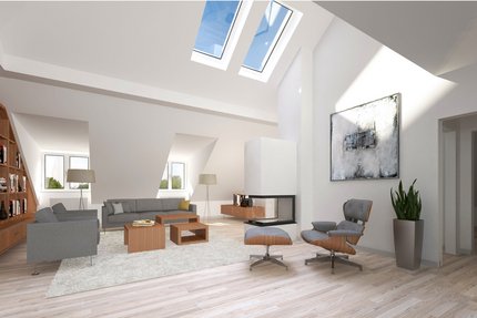 Living area with open fireplace (visualisation of proposed extension)