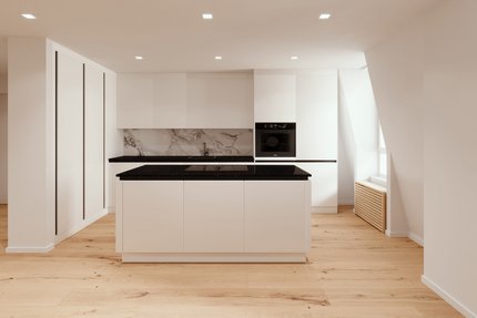 Stylish fitted kitchen with premium appliances (still to be installed, visualized)