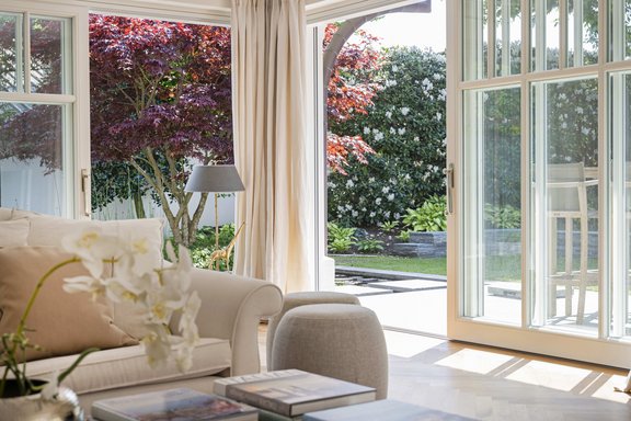 View over the water lily pool into the garden